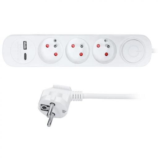 Solight 3z prodlužovací přívod s USB A+C nabíječkou 2.4A, 2m, 3 x 1mm2, bílý, vypínač - PP111USBC