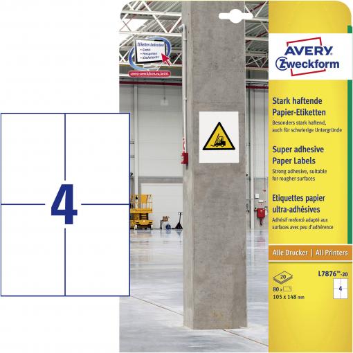 Avery-Zweckform L7876-20 Etikety lepící 105 x 148 mm papír bílá 80 ks trvalé, silné inkoustová tiskárna, laserová tiskárna, barevná laserová tiskárna, kopírka,