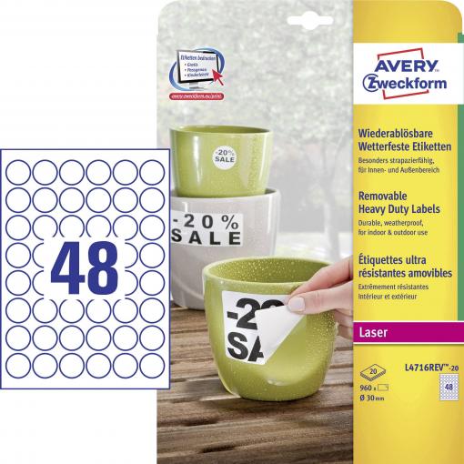 Avery-Zweckform L4716REV-20 Fóliové etikety Ø 30 mm fólie bílá 960 ks přemístitelné barevná laserová tiskárna, laserová tiskárna, barevná kopírka, kopírka,