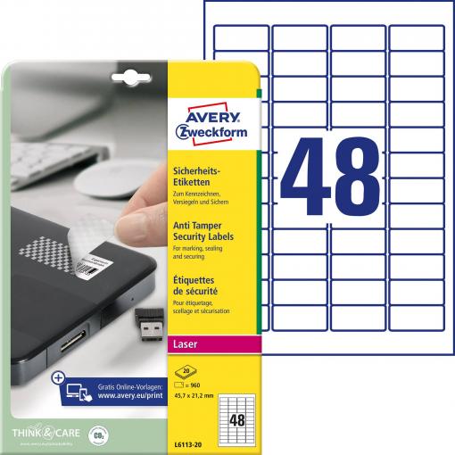 Avery-Zweckform L6113-20 bezpečnostní štítky 45.7 x 21.2 mm poylesterová fólie bílá 960 ks trvalé laserová tiskárna, kopírka, ruční popis