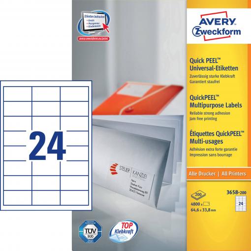 Avery-Zweckform 3658-200 univerzální etikety 64.6 x 33.8 mm papír bílá 4800 ks trvalé barevná laserová tiskárna, laserová tiskárna, barevná kopírka, kopírka,