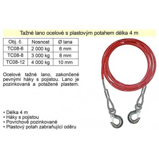 Tažné lano 4m 2000kg, ocelové s plastovým potahem s oky.