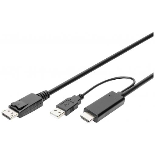 Digitus DisplayPort / HDMI kabel DisplayPort zásuvka, Zástrčka HDMI-A, USB-A zástrčka 2 m černá AK-330111-020-S 4K UHD, dvoužilový stíněný, flexibilní