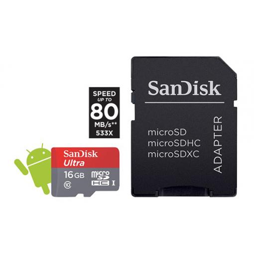 Karta paměťová SANDISK MICRO SDHC 16GB CLASS 10 + adaptér SDSQUAR-016G-GN6MA