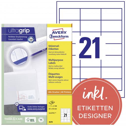 Avery-Zweckform 3670 univerzální etikety 64 x 36 mm papír bílá 2100 ks trvalé laserová tiskárna, barevná laserová tiskárna