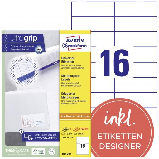 Avery-Zweckform 3484-200 univerzální etikety 105 x 37 mm papír bílá 3520 ks trvalé laserová tiskárna, barevná laserová tiskárna