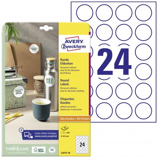 Avery-Zweckform L3415-10 univerzální etikety Ø 40 mm papír bílá 240 ks trvalé laserová tiskárna, barevná laserová tiskárna