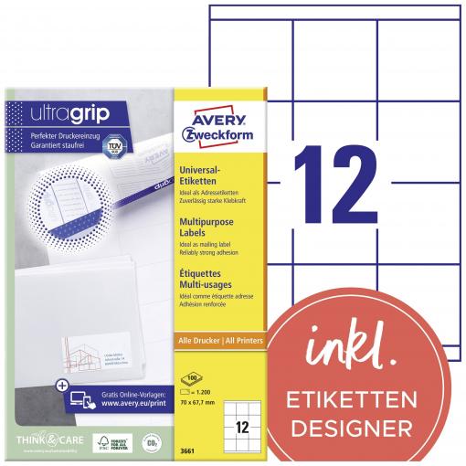 Avery-Zweckform 3661 univerzální etikety 70 x 67.7 mm papír bílá 1200 ks trvalé barevná laserová tiskárna, laserová tiskárna