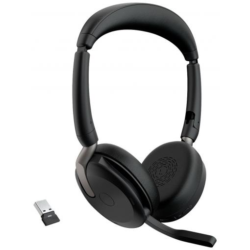 Jabra Evolve2 65 Flex Link380a MS Headset otevřená (On Ear) Bluetooth® stereo černá Potlačení hluku headset, Vypnutí zvuku mikrofonu, regulace hlasitosti,