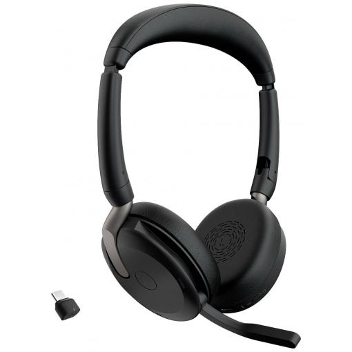 Jabra Evolve2 65 Flex Link380c UC Headset otevřená (On Ear) Bluetooth® stereo černá Potlačení hluku headset, Vypnutí zvuku mikrofonu, regulace hlasitosti,