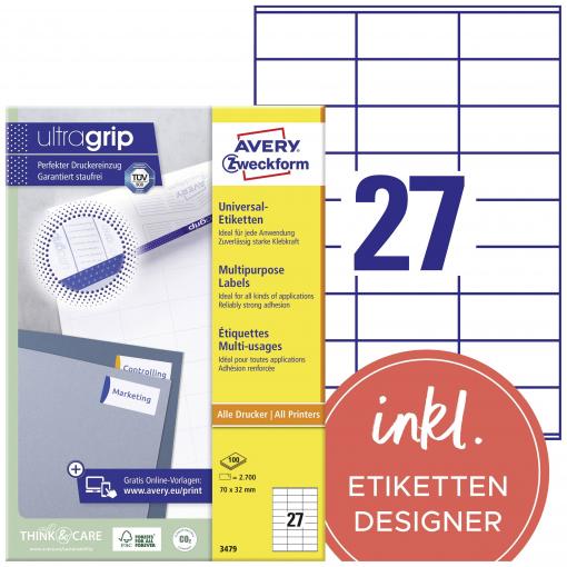 Avery-Zweckform 3479 univerzální etikety 70 x 32 mm papír bílá 2700 ks trvalé barevná laserová tiskárna, laserová tiskárna
