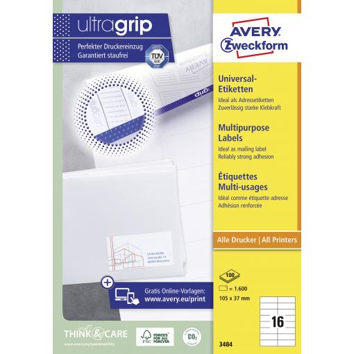 Avery-Zweckform 3484 univerzální etikety 105 x 37 mm papír bílá 1600 ks trvalé barevná laserová tiskárna, laserová tiskárna