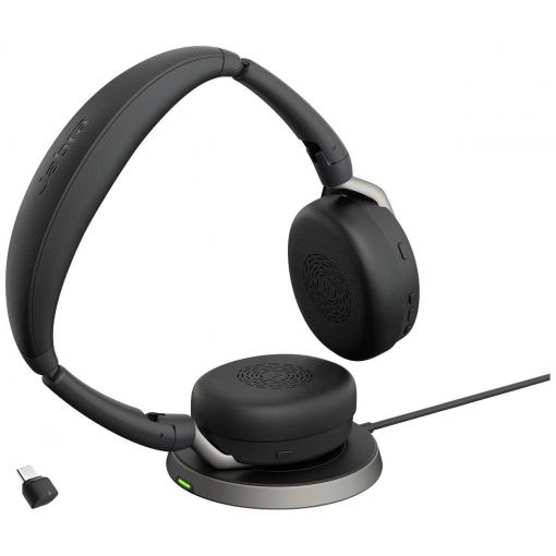 Jabra Evolve2 65 Flex Link380c MS + Ladepad Headset otevřená (On Ear) Bluetooth® stereo černá Potlačení hluku headset, Vypnutí zvuku mikrofonu, regulace