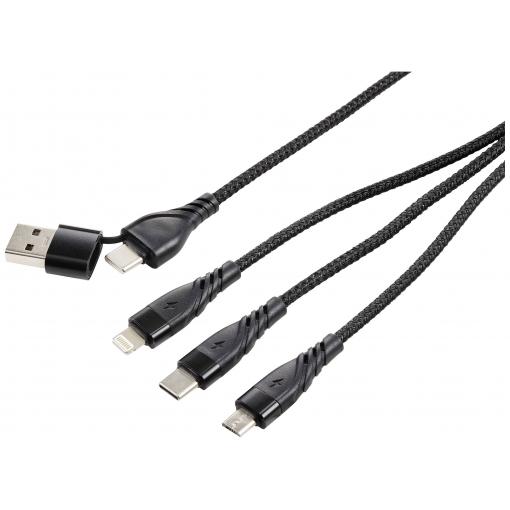 Renkforce Nabíjecí kabel USB USB 2.0 USB-A zástrčka, USB-C ® zástrčka, USB Micro-B zástrčka, Apple Lightning konektor, USB-C ® zástrčka 3.00 m alcantara černá