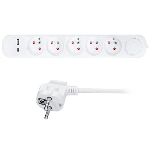 Solight 5z prodlužovací přívod s USB A+C nabíječkou 2.4A, 3m, 3 x 1mm2, bílý, vypínač - PP152USBC