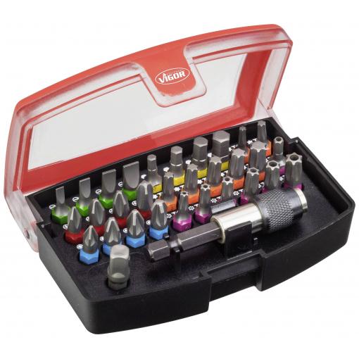 Vigor V5019 sada bitů, 32dílná, plochý, inbus, křížový PH, Pozidriv, profil T, TH profil, Šestihran, 1/4 (6,3 mm)