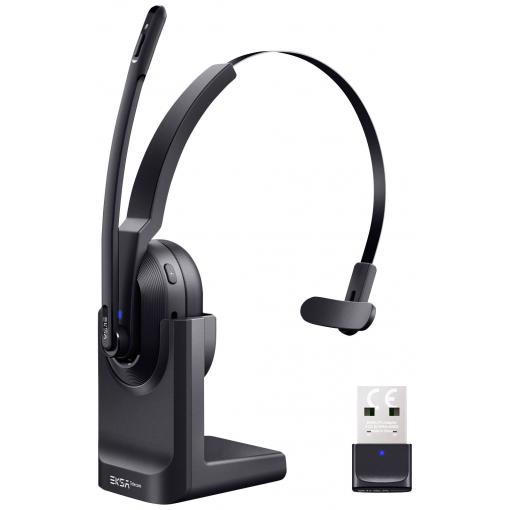 EKSA H5 Headset otevřená (On Ear) Bluetooth® černá Redukce šumu mikrofonu, Potlačení hluku headset, se základní stanicí Bluetooth® , vč. nabíjecí a dokovací