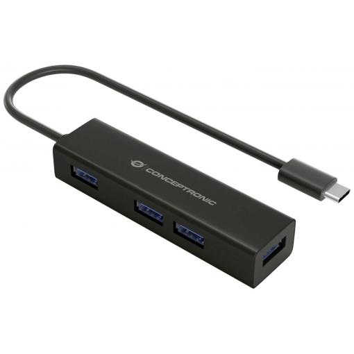 Conceptronic HUBBIES07B USB Hub 4 porty USB-A USB 3.1 Gen1 5 GBit/s s konektorem USB C černá HUBBIES07B