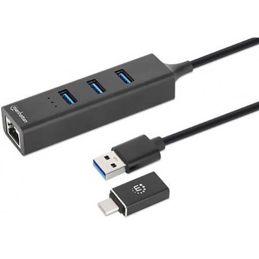 Manhattan 180894 USB Hub 4 porty USB-A, RJ45 USB 3.0 5 GBit/s s vestavěnou síťovou přípojkou černá 180894