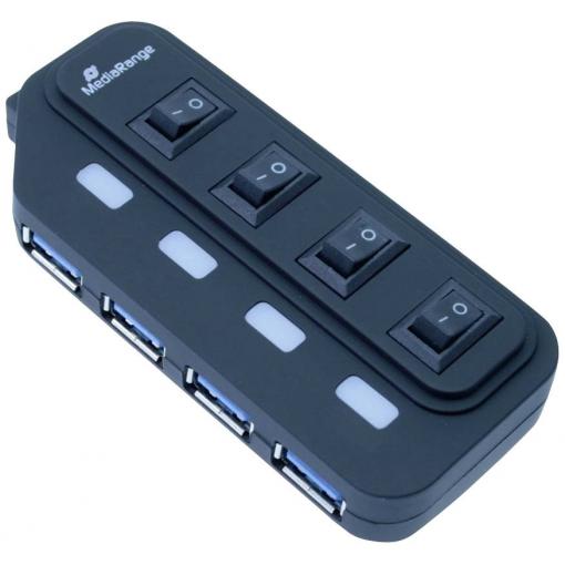 MediaRange MRCS505 USB Hub 4 porty USB-A USB 3.0 5 GBit/s lze spínat jednotlivě černá MRCS505