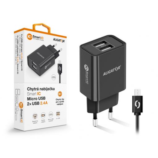 Chytrá síťová nabíječka ALIGATOR 2.4A, 2xUSB, smart IC, černá, Micro USB kabel 2A