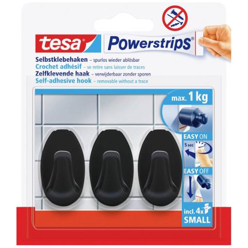 tesa Black Hooks S Lepicí háček na páskou PowerStrips Small Oval (š x v) 14 mm x 34 mm černá Množství: 3 ks