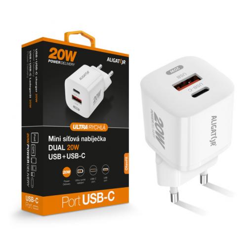 Chytrá mini síťová nabíječka ALIGATOR Power Delivery 20W, USB-C + USB-A, bílá