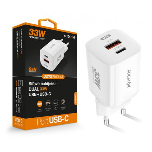 Rychlá mini síťová nabíječka ALIGATOR Power Delivery 33W, GaN, USB-C + USB-A, bílá
