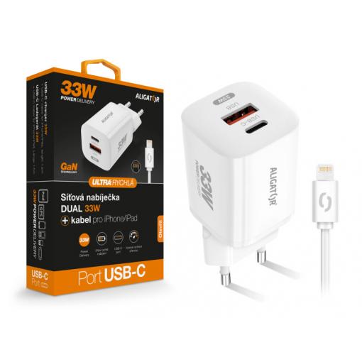 Chytrá GaN síťová nabíječka ALIGATOR Power Delivery 33W, USB-C + USB-A, USB-C kabel pro iPhone/iPad, bílá