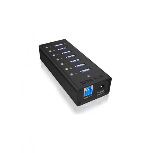 ICY BOX 70418 USB Hub 7 portů USB-A USB 3.0 5 GBit/s s hliníkovým krytem černá IB-AC618, 7 Port USB 3.2 Gen 1 Hub mit 1x Tablettladeport, mit 12V 3A Netzteil