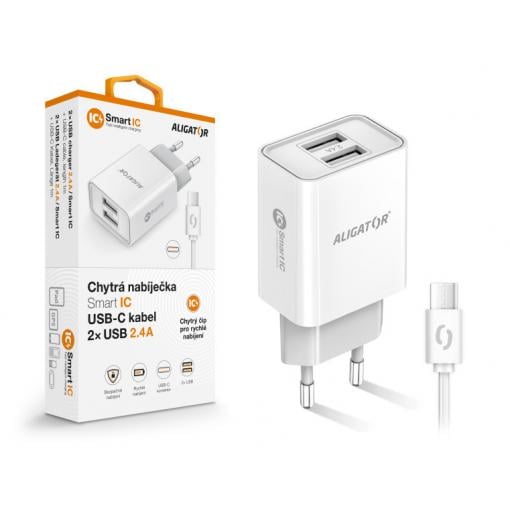 Chytrá síťová nabíječka ALIGATOR 2.4A, 2xUSB, smart IC, bílá, USB-C kabel 2A