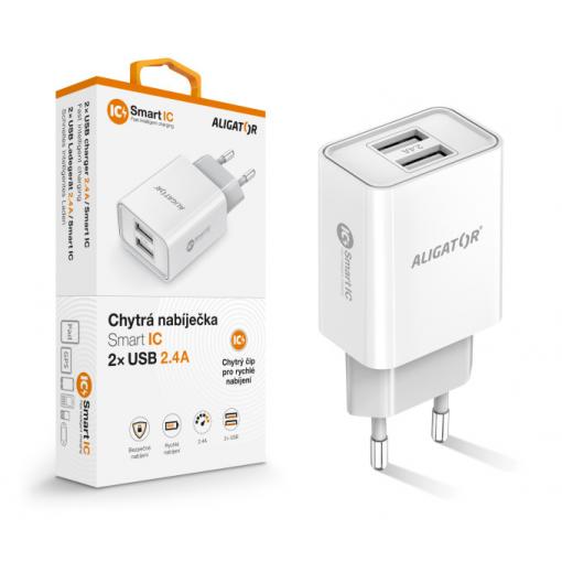 Chytrá síťová nabíječka ALIGATOR 2.4A, 2xUSB, smart IC, bílá