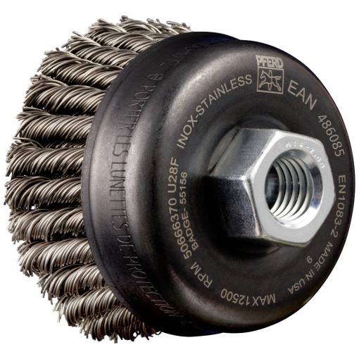 PFERD TOOLS Hrncový kartáč POS, 2řadý, tepelně tvarovaný TBG HD Ø 65 mm, M14, nerezový drát Ø 0,50 mm, úhlová bruska POS TBG 65/M14 INOX 0,50 2RH HD 43305033 1