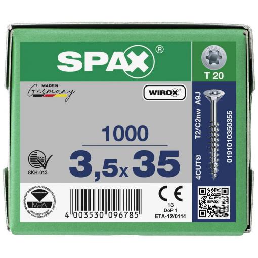 SPAX 880910190035035 R 88091 Senkkopf/T-STAR TG šroub se zápustnou hlavou 3.5 mm 35 mm Torx, vnitřní korunka šestihranná ocel galvanizováno zinkem 1000 ks
