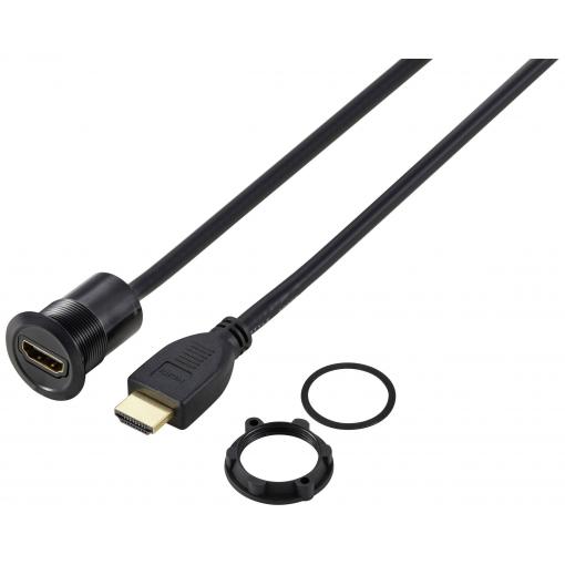 TRU COMPONENTS TC-11980468 Zásuvka HDMI panelového adaptéru HDMI zásuvka HDMI zástrčka černá Pólů: 1 Délka kabelu: 90 cm Množství: 1 ks