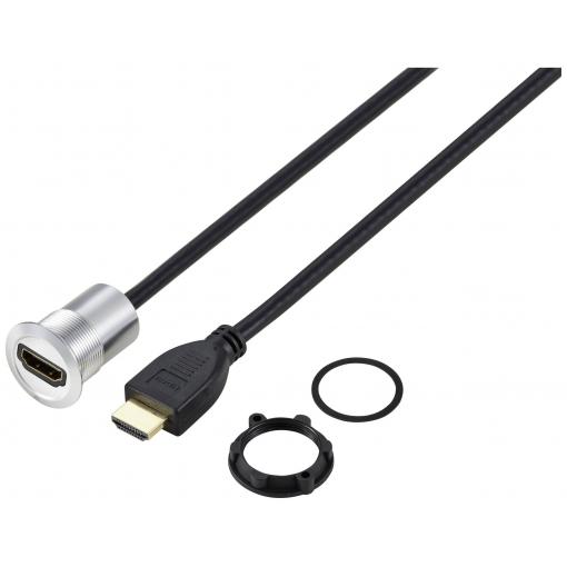 TRU COMPONENTS TC-11980456 Zásuvka HDMI panelového adaptéru HDMI zásuvka HDMI zástrčka stříbrná Pólů: 1 Délka kabelu: 90 cm Množství: 1 ks