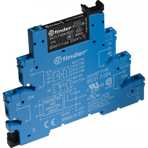 Finder 38.51.0.012.0060 reléový modul Jmenovité napětí: 12 V/DC, 12 V/AC Spínací proud (max.): 6 A 1 přepínací kontakt 1 ks