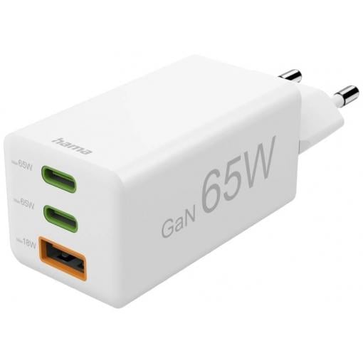 Hama USB nabíječka, USB Power Delivery (USB-PD) , 1x USB A , 2x USB-C®, 65.00 W, Dodávka energie, bílá