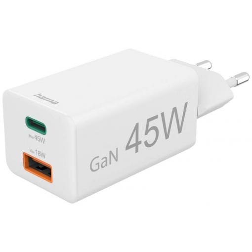 Hama USB nabíječka, USB Power Delivery (USB-PD) , 1x USB A , 1x USB-C®, 45.00 W, Dodávka energie, bílá