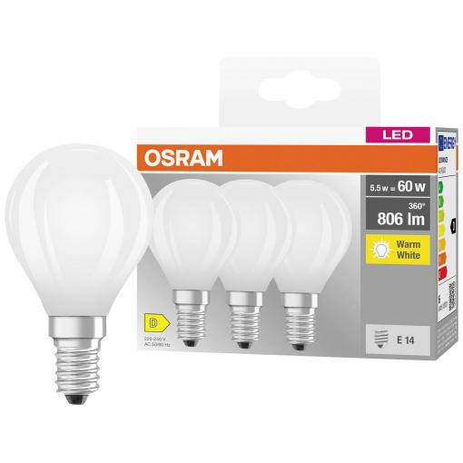 OSRAM HOMELIGHTING 4058075592599 LED Energetická třída (EEK2021) D (A - G) E14 kapkový tvar 5.5 W = 60 W teplá bílá (Ø x v) 45 mm x 45 mm 3 ks