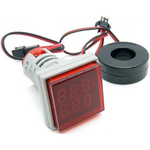 Panelový voltmetr/ampérmetr AD101-22VAMS, 50–500 V AC / 0–100 A AC, červený
