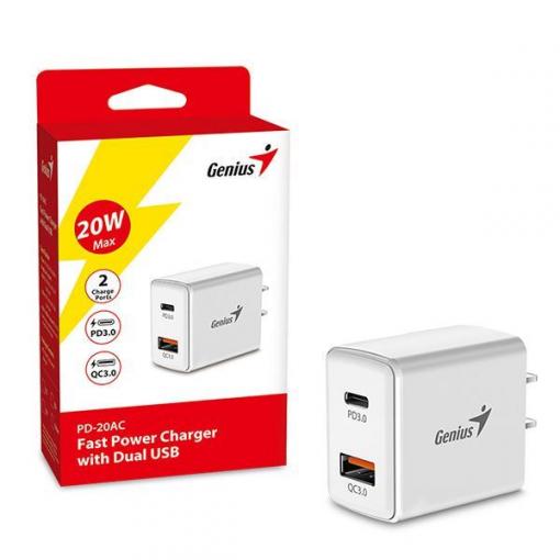 Napájecí adaptér Genius PD-20AC, 2× USB-C, 20 W, PD 3.0 / QC 3.0