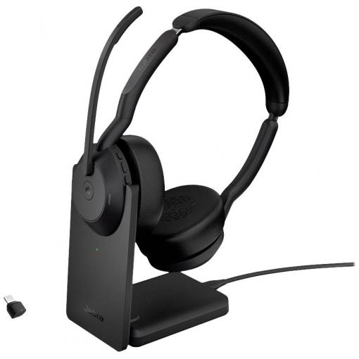 Jabra Evolve 2 55 MS Stereo Headset otevřená (On Ear) Bluetooth® stereo černá Potlačení hluku, Redukce šumu mikrofonu vč. nabíjecí a dokovací stanice Počítače