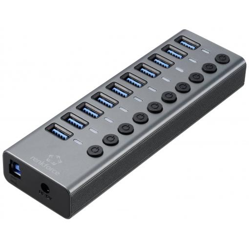 Renkforce RF-6027504 USB Hub 10 portů USB-A USB 3.1 Gen2 10 GBit/s lze spínat jednotlivě, s hliníkovým krytem stříbrnočerná RF-6027504