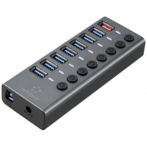 Renkforce RF-6049086 USB Hub 8 portů USB-A USB 3.2 Gen2 10 GBit/s lze spínat jednotlivě, se stavovými LED, s hliníkovým krytem stříbrnočerná RF-HUB-380