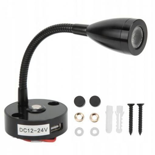 Flexibilní čtecí LED lampa černá, stmívatelná, 12-24V, 3W, teplá bílá