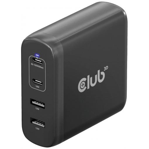 club3D CAC-1912 napájecí adaptér k notebooku, GaN, USB Power Delivery (USB-PD) , 2x USB A, 2x USB-C®, 100 W, Dodávka energie, černá