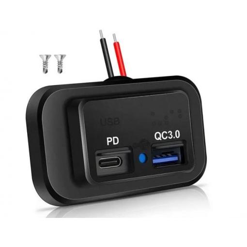 Napájecí adaptér do auta 12–24 V, USB-A QC + USB-C PD