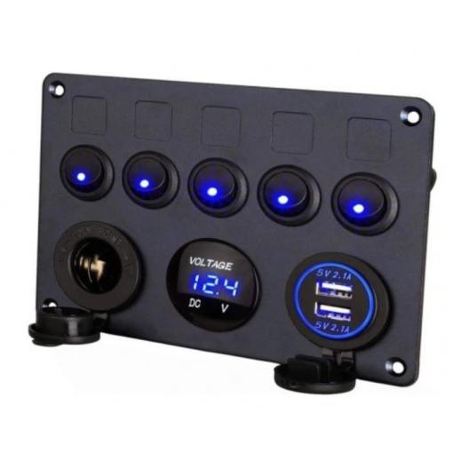Ovládací panel YC-A90, 5 vypínačů, USB, voltmetr, 150×105 mm