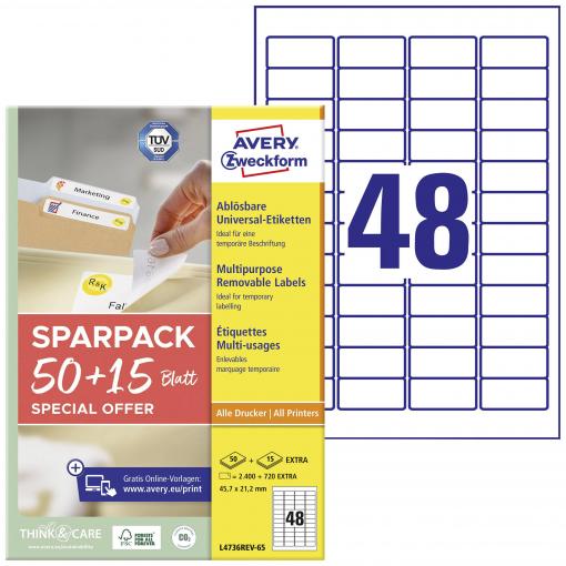Avery-Zweckform L4736REV-65 univerzální etikety 45.7 x 21.2 mm papír bílá 65 listů přemístitelné inkoustová tiskárna, laserová tiskárna, barevná laserová